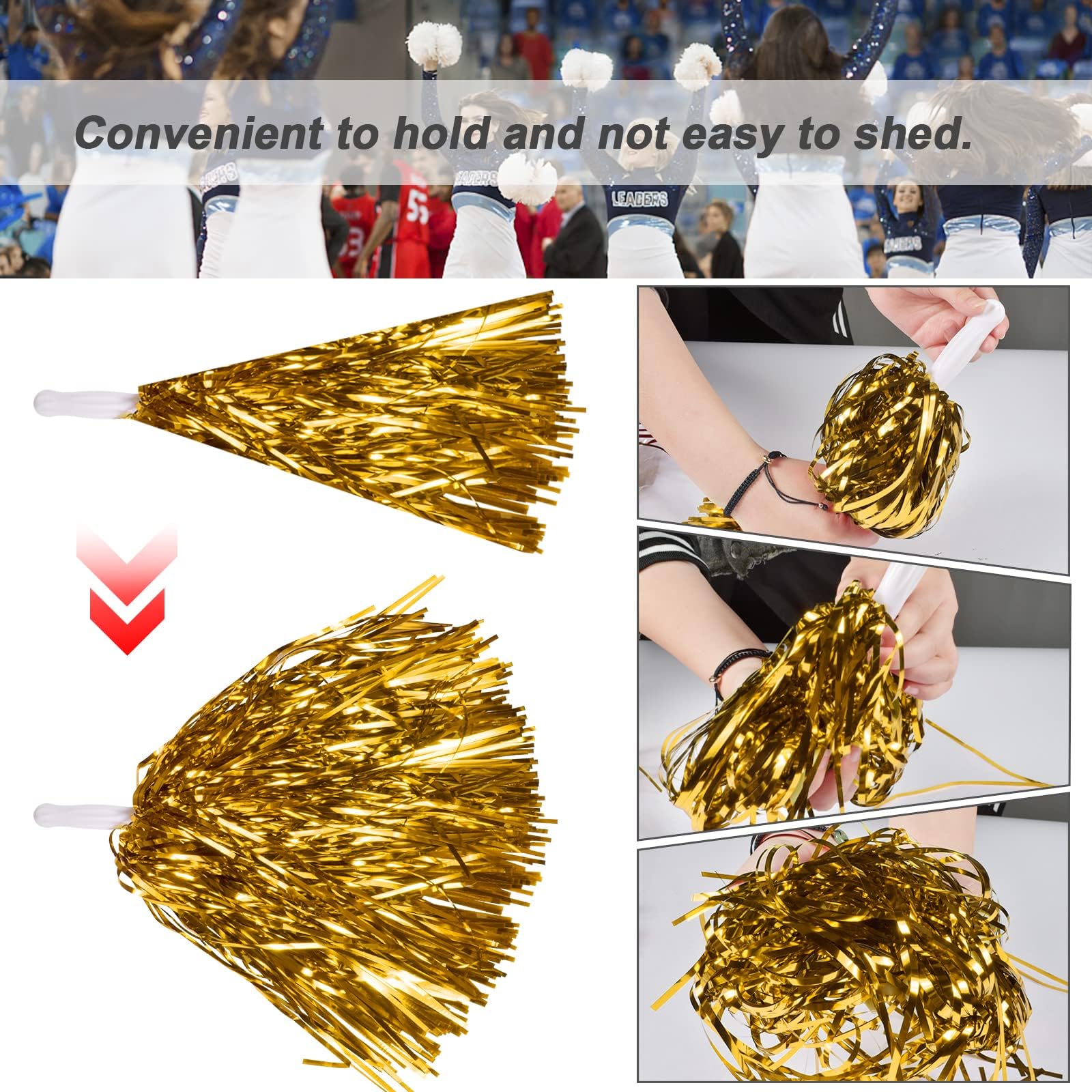 Lot de 12 Pompons Pom-pom Girl, Pompon Pompom Girls, Pom-pom Girl, Pompons Cheerleader, Pom poms Cheerleader pour Carnaval, l'école le Sport, la Danse, la Nuit, la Fête (Gold)