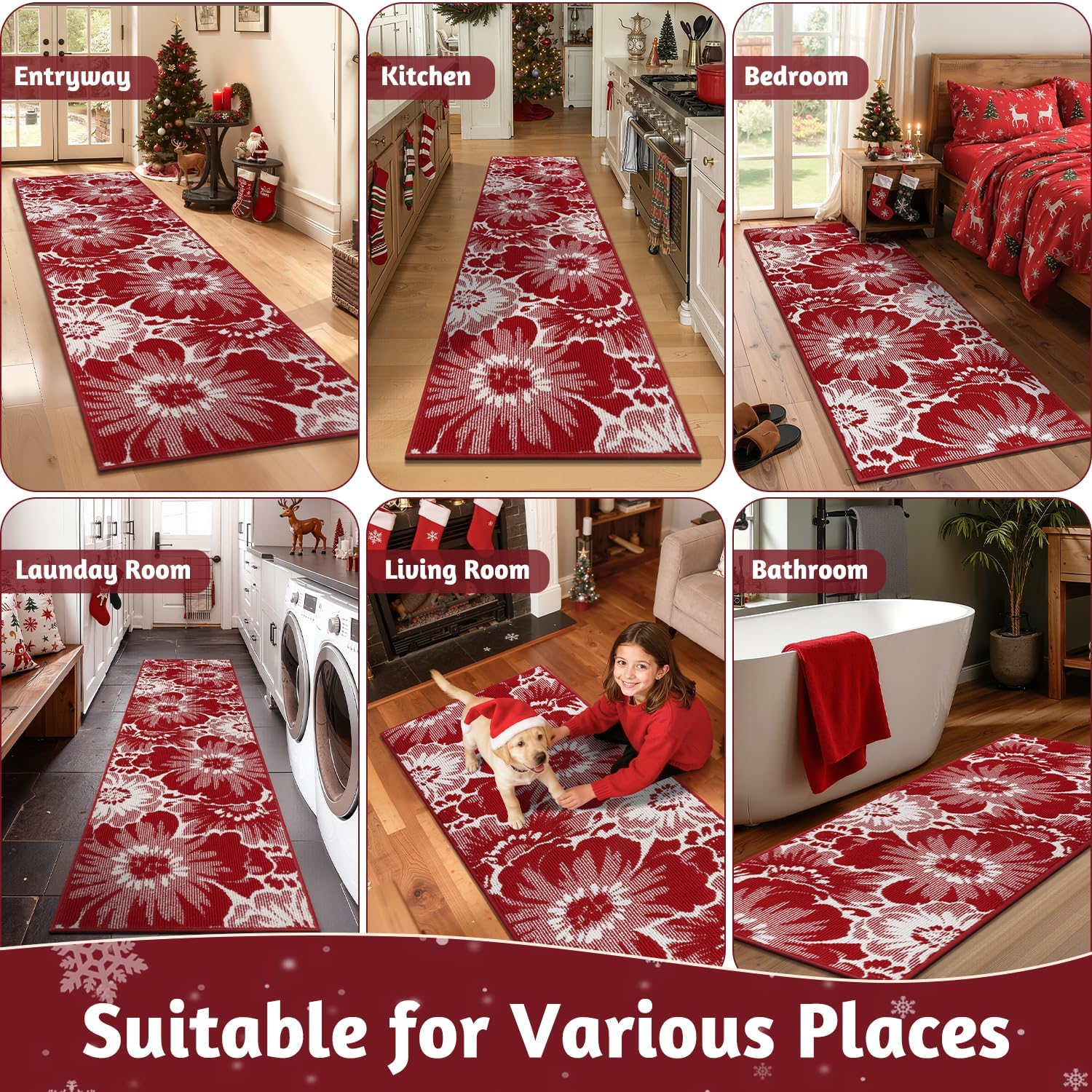 Findosom Christmas Runner Rug 2x8, Non Slip High-Low Textured Floral Washable Runner Rug with Rubber Backing, Boho Carpet Runners for Hallway, Kitchen, Entryway, Bedroom, Laundry & Holiday Decor, Red - Image 9