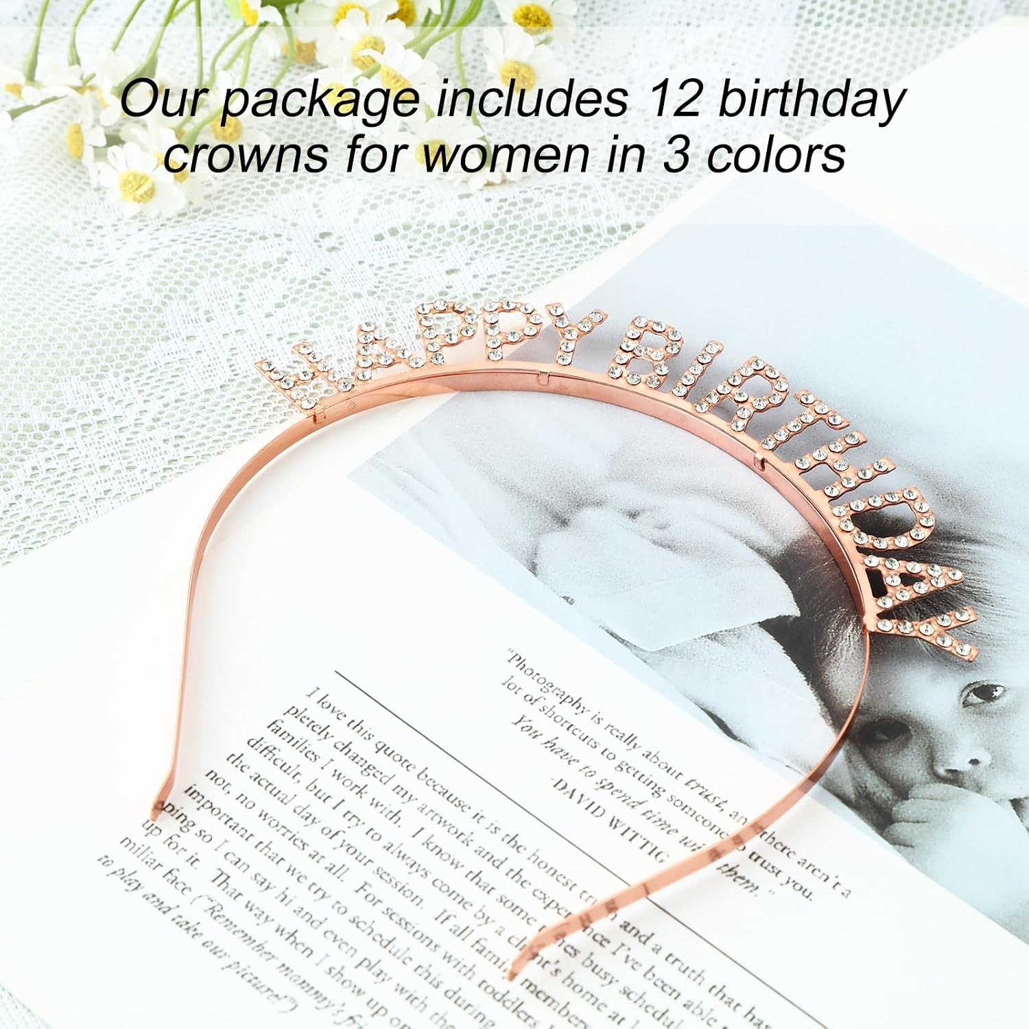 Lyrow 12 Pcs Rhinestone Happy Birthday Crowns Headbands Party Decorations Supplies Gift for Women Princess Birthday Tiara Bling Accessories
