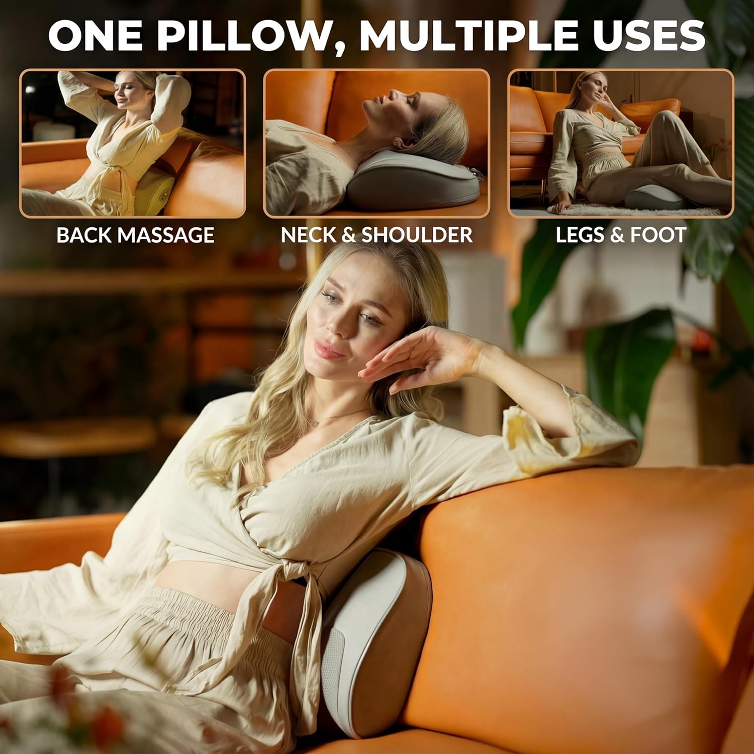 Neck Shoulder Massager with Heat – 3D Kneading Pillow, 3 Intensity Levels, 15-Min Auto Shut-Off, Rechargeable 2000mAh, Ergonomic for Neck Back Legs Feet, Portable for Home Office Car