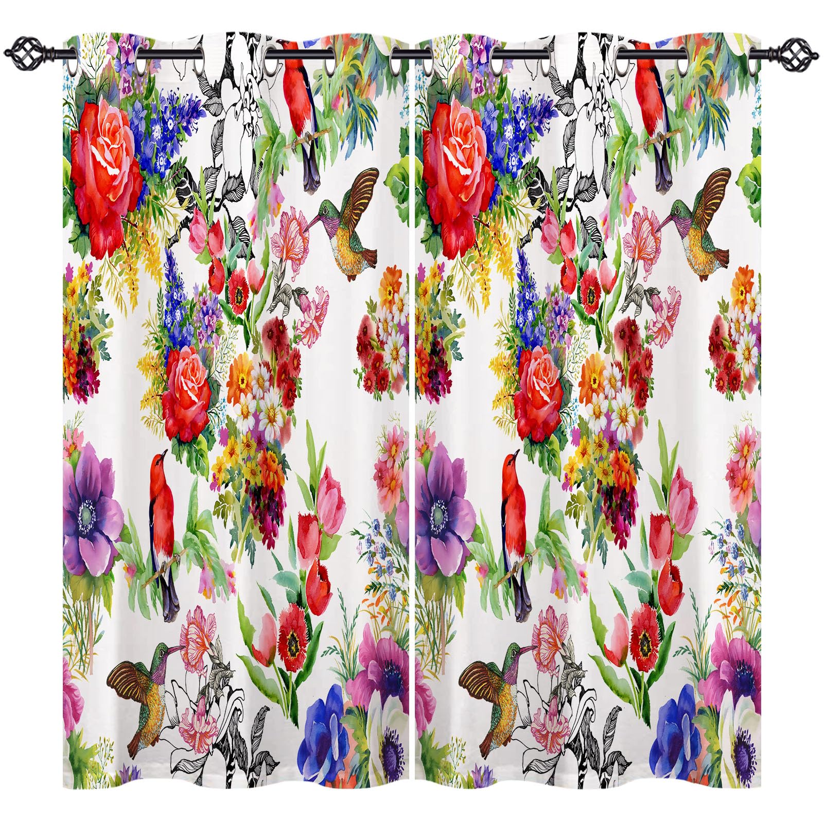 ANHOPE Watercolor Curtains Eyelet Blackout Thermal Insulated Curtains Bird Garden Flower Tulip Rose Print Pattern Soft Soundproof Privacy Window Drapes for Bedroom Living Room 55 x 63 Inch 2 Panels