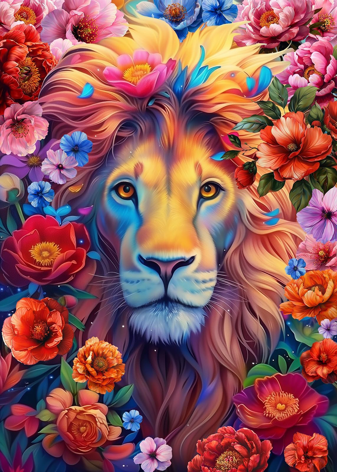Flower Lion King Jigsaw Puzzle 1000 Piece for Adult, Colorful Art Animal Floral Jigsaw Puzzle, Beautiful Plant Rainbow Painting Puzzle