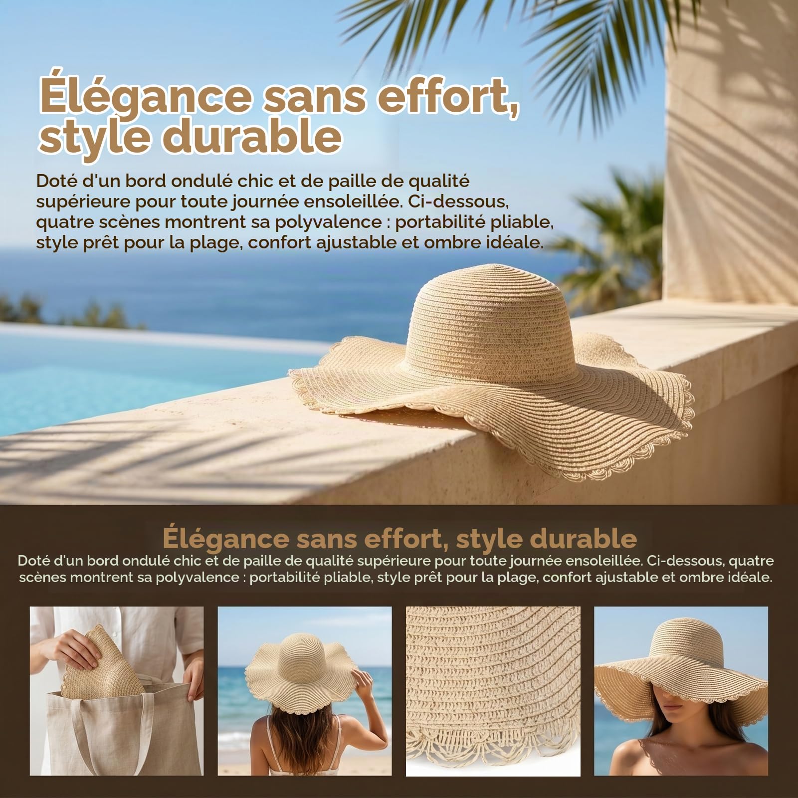 Chapeau de Soleil Souple à Large Bord, Chapeau de Soleil de Plage pour Femmes - Pliable avec Protection UV UPF 50+ et Fleur de Dentelle - Idéal pour la Plage Vacances Voyage