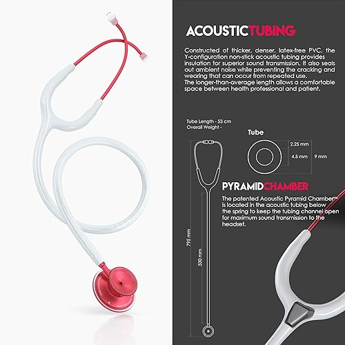 Miniatura 6 de MDF Acoustica - Estetoscopio ligero para médicos, enfermeras, estudiantes, uso en el hogar, adulto, doble cabezal, tubo blanco, auricular y pieza