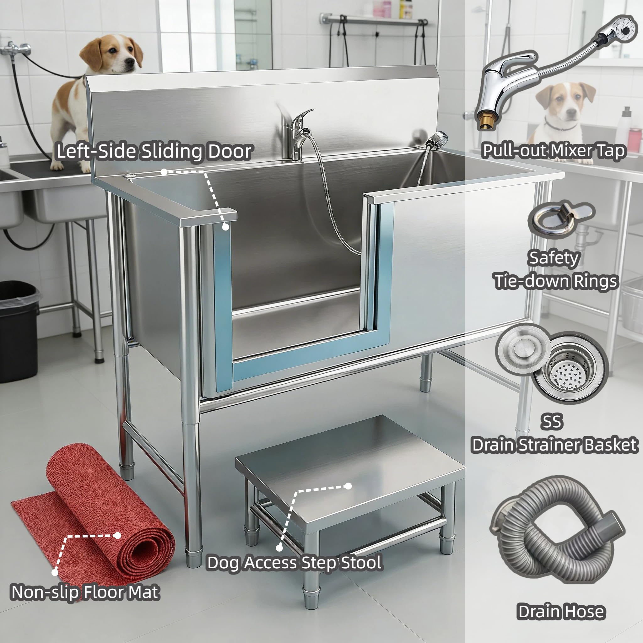 Genérico Bañera Profesional para Perros de Acero Inoxidable – con Puerta Corredera, Escalera y Grifo Extraíble Alfombrilla Antideslizante-Bañeras Profesionales para Perros