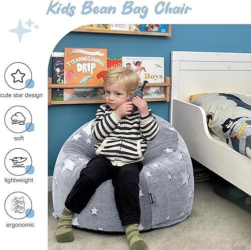 Miniatura 3 de COMAX Puf para niños, sofá con relleno de puf para niños y niñas, silla de piso perezosa para sala de juegos, cuarto de bebé, estrella gris brillante