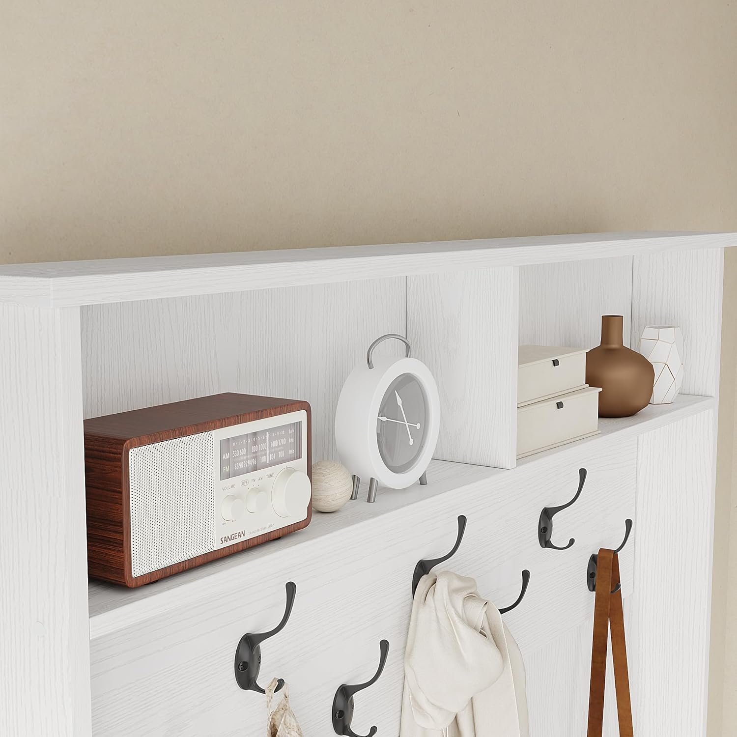 WOODTIME Hall Tree with Bench and Adjustable Shoe Storage, Multi-Purpose Entryway Bench with Coat Rack, Open Shelves and 7 Hanging Hooks, White
