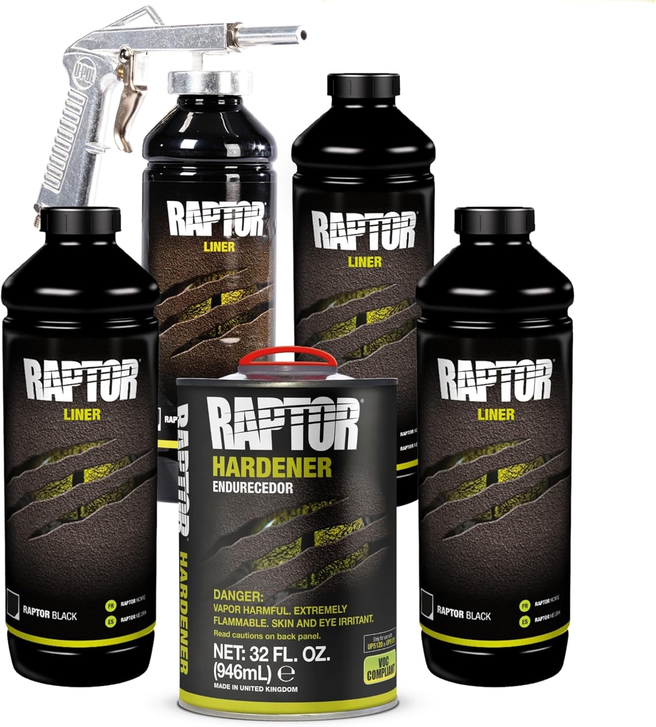 U-POL Raptor Black Urethane Spray-On Truck Bed Liner Kit, 2K Protective Coating with Spray Gun, UV Resistant, DIY Bedliner for Trucks, 4 Quarts