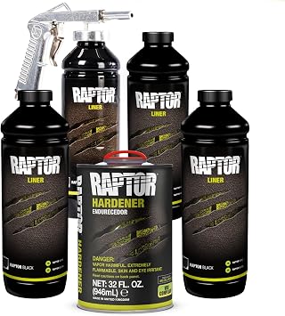 U-POL Raptor Black 0820VG with Spray Gun Bed Liner Kit 4 Quarts, 2K Urethane, UV Resistant Protective Coating, DIY Spray-On Truck Bed Liner