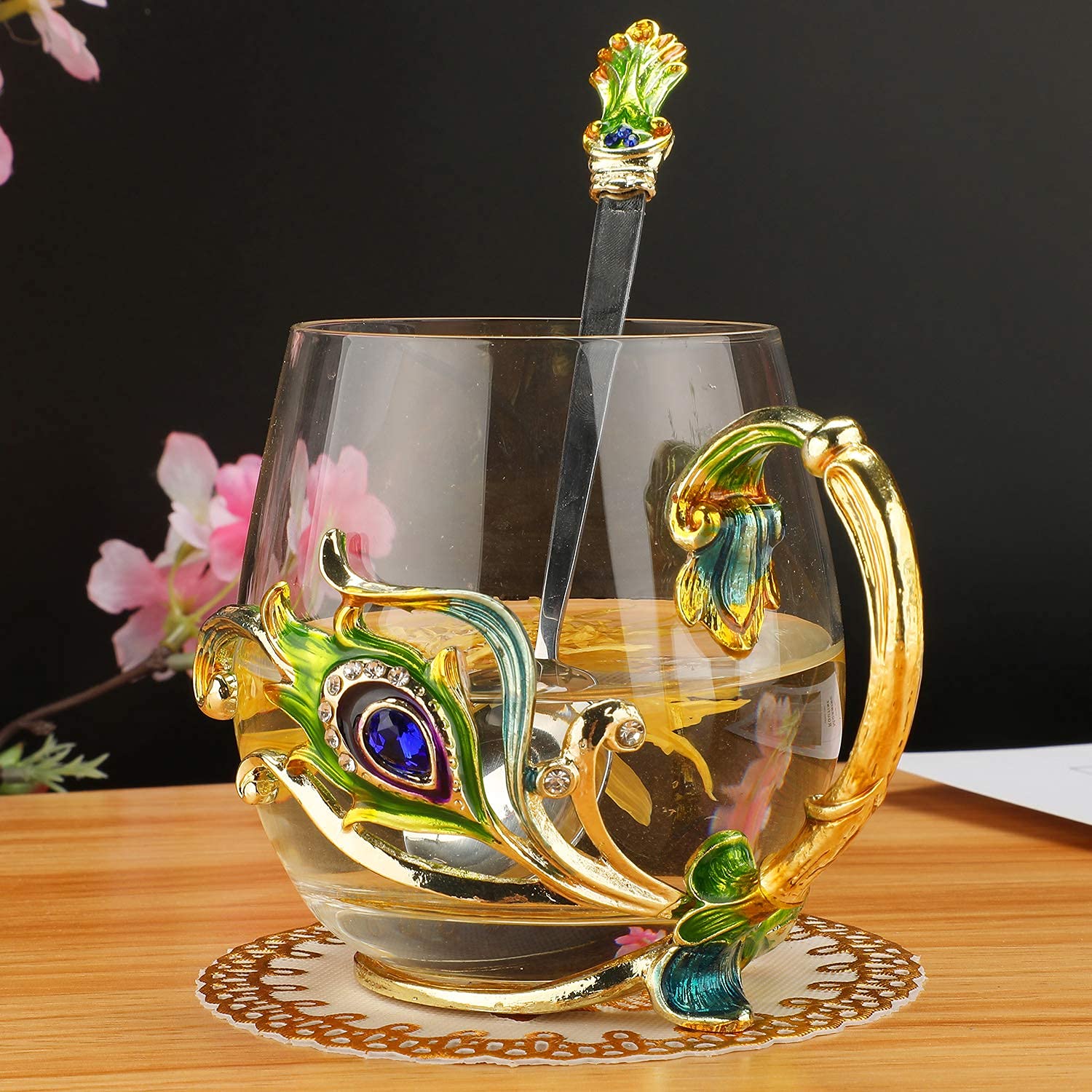Esmalte Hecha a Mano Cristal Taza,Taza de Té y Café, Motivo 3D de Mariposas y Flores,Regalos Originales para Mujer Esposa Friends Mama Profesora Amiga Cumpleaños Navidad Dia de la Madre