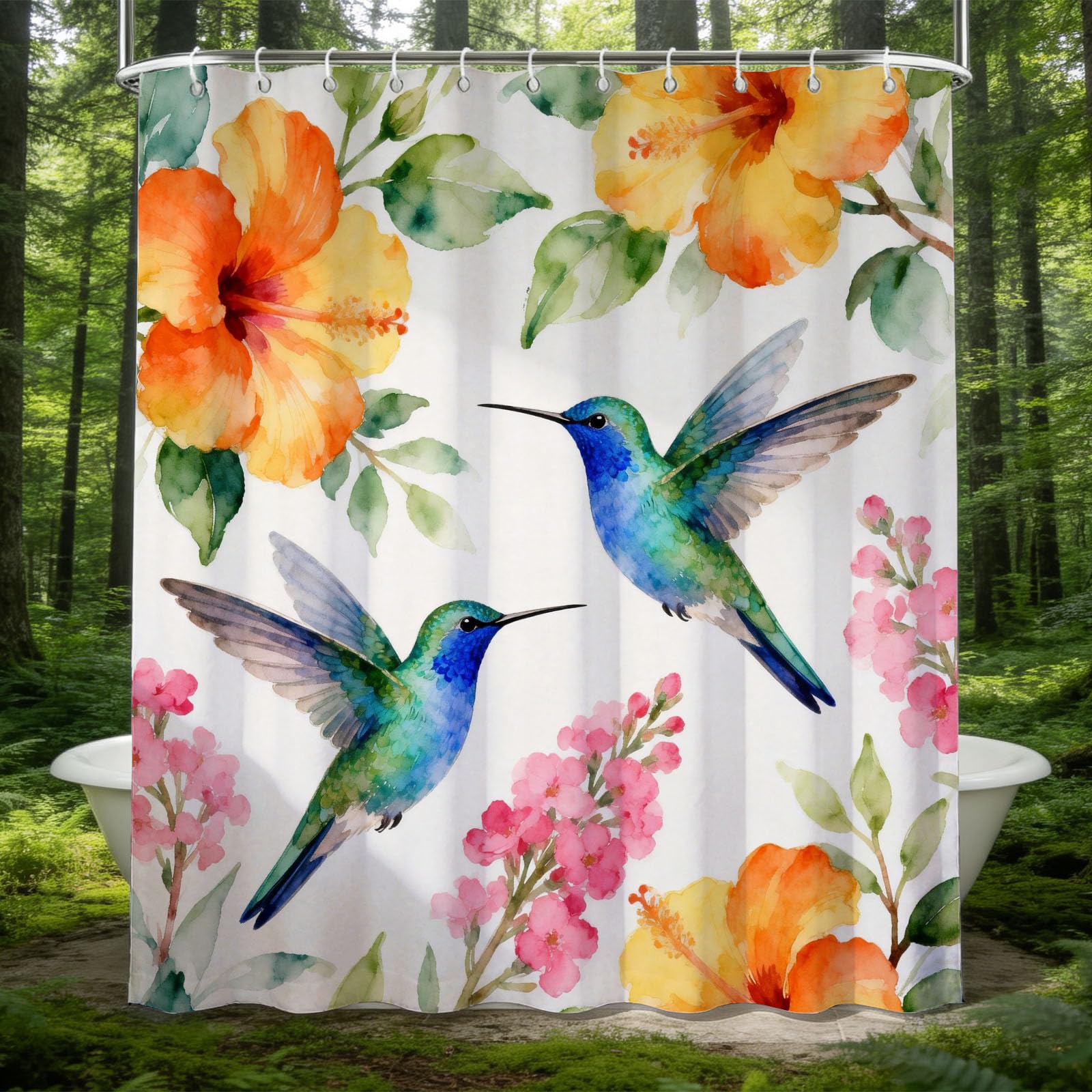 Hongduo 3D Hummingbird Shower Curtain for Stalls Bathtubs Tropical Bathroom Decor Shower Curtain Set Polyester Fabric Waterproof 180x200cm/71X79 Inch with Hooks