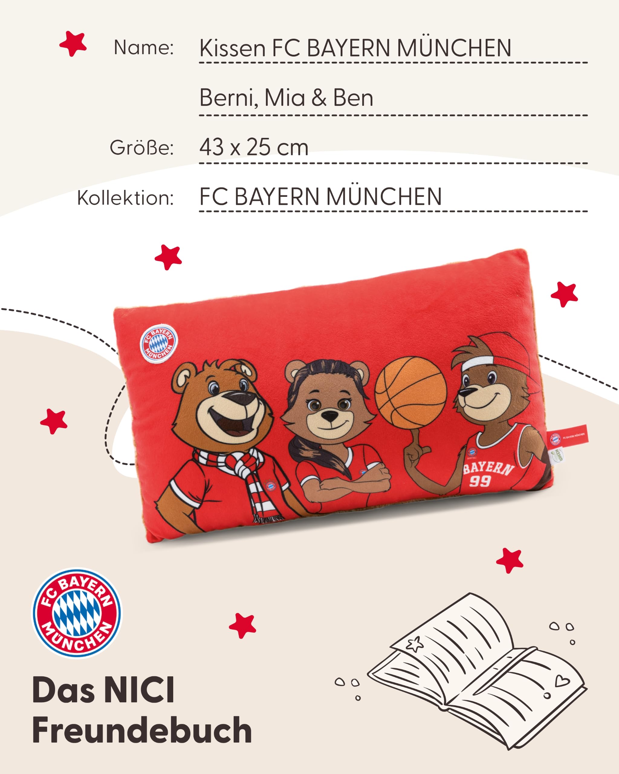 NICI Kissen FC Bayern MÜNCHEN Berni, Mia & Ben 43x25cm - rot - Flauschiges Kuscheltierkissen für Kinder und Erwachsene, Plüschkissen ideal für Zuhause, Kindergarten oder unterwegs - 61618