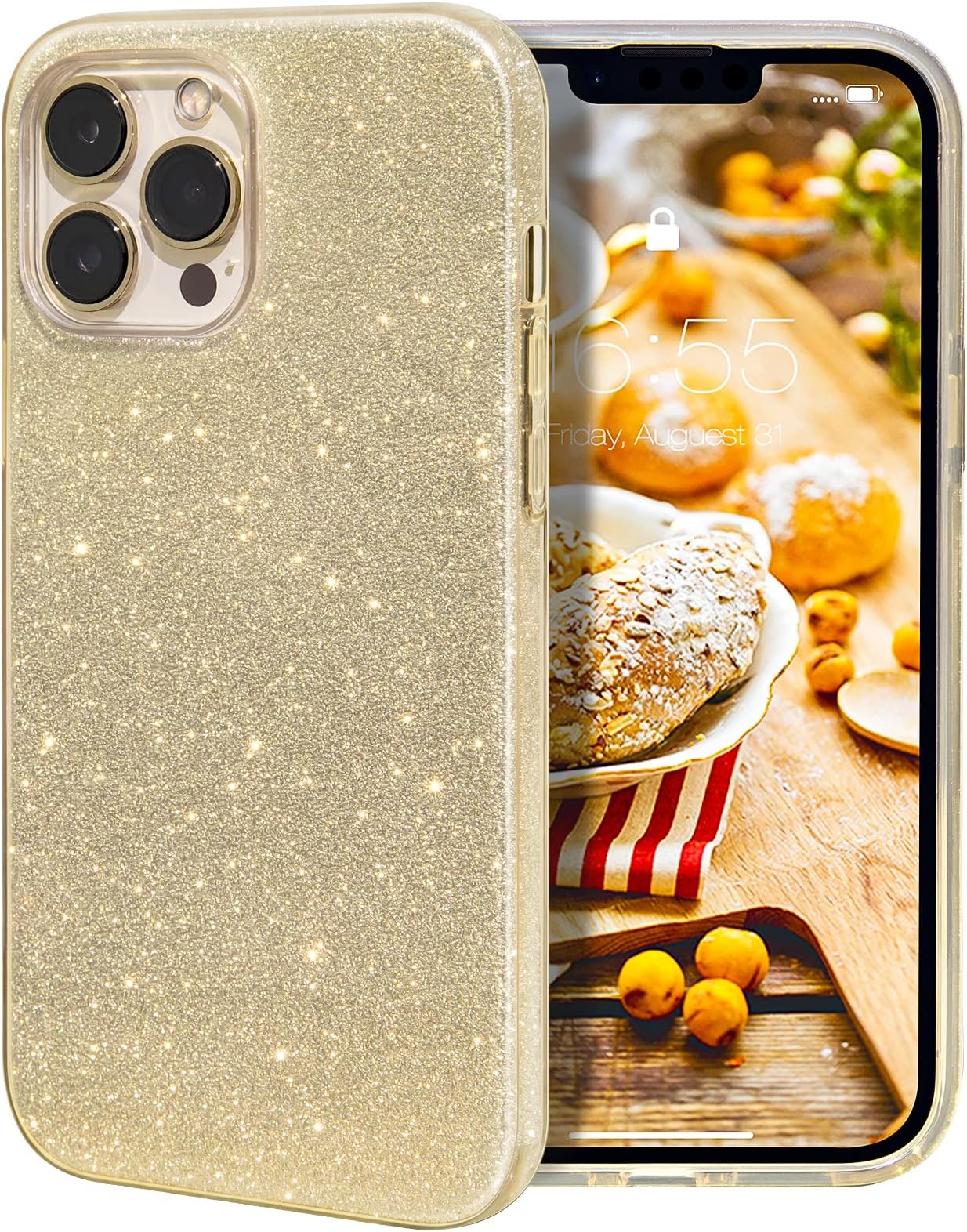MILPROX Compatible with iPhone 13 Pro Max Case (2021), Glitter Sparkly Shiny Bling Rubber Gel Shell Cases 3 Layers Shockproof Protective Bumper Cover for iPhone 13 Pro Max 6.7" 2021-Gold