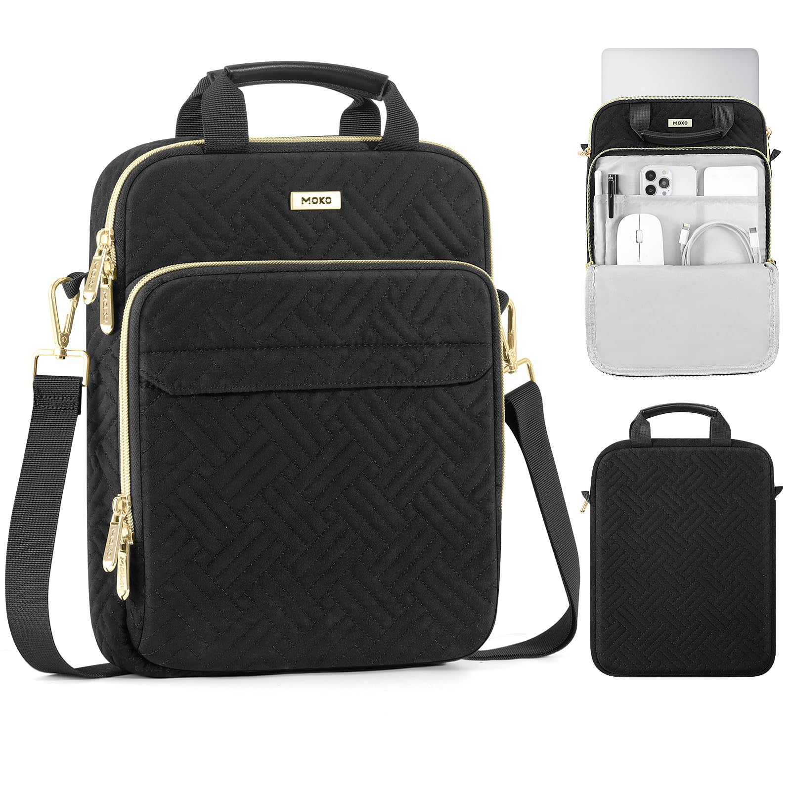 MoKo Housse Ordinateur Portable 15,6 Pouces Puffer, Sacoche Matelassée avec Poignée et Bandoulière, pour Mac Air 15" / Pro 14" M4/M3/M2 2025/2024/2023, Galaxy Tab S10 FE Ultra 14.8" 2025, Noir