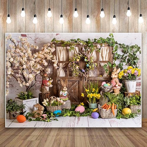 Vista 5 de LYCGS Telón de fondo de Pascua de primavera de 8 x 6 pies, fondo de fotografía de Pascua, conejo, color huevos, flores, telón de fondo de madera