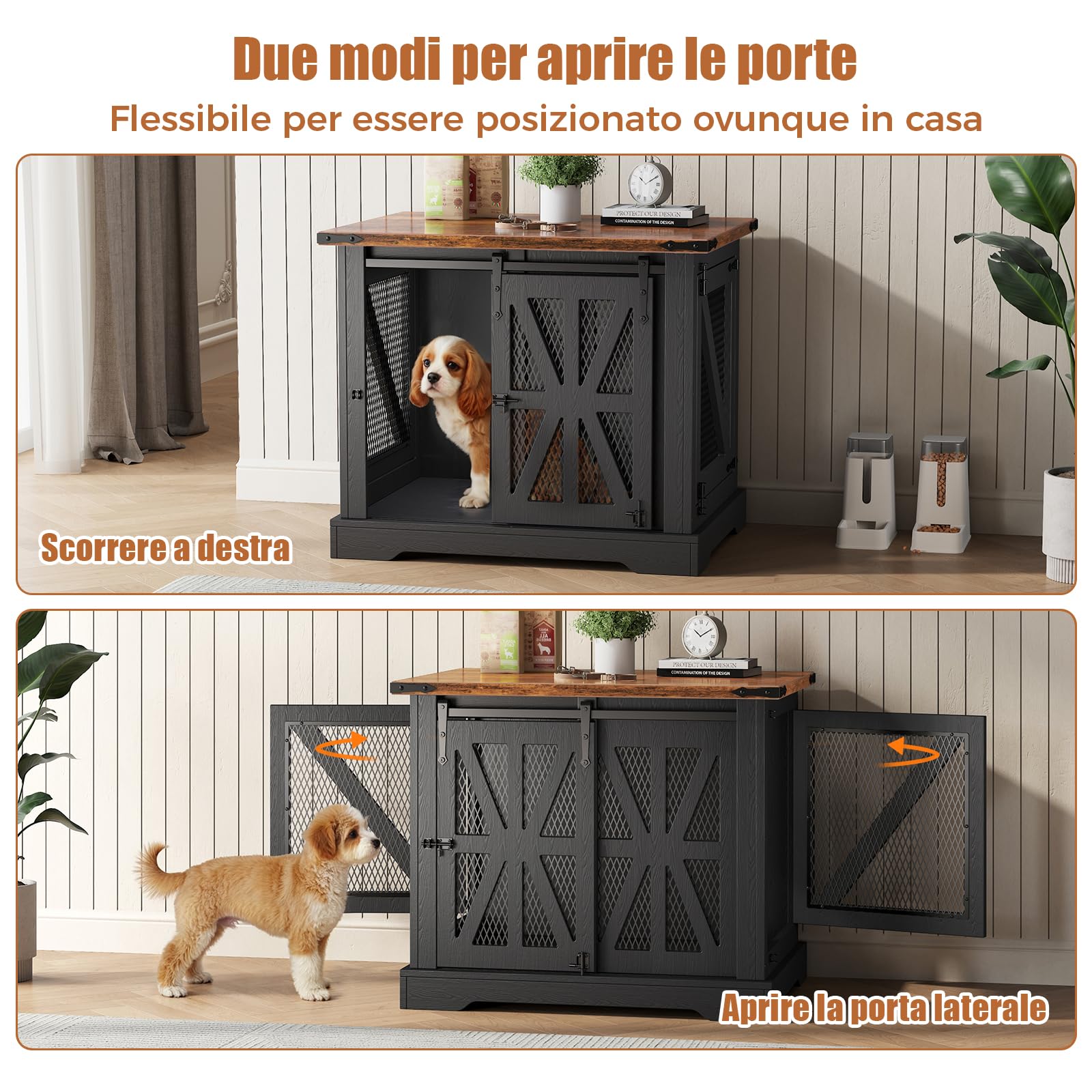 Cage pour Chien, Cage de 73 cm, 3 Portes, Porte Coulissante, Maison Moderne en Bois pour Chien, Chiens de Petite Taille et Chiots, Design Renforcé, 73x51x60 cm, Noir