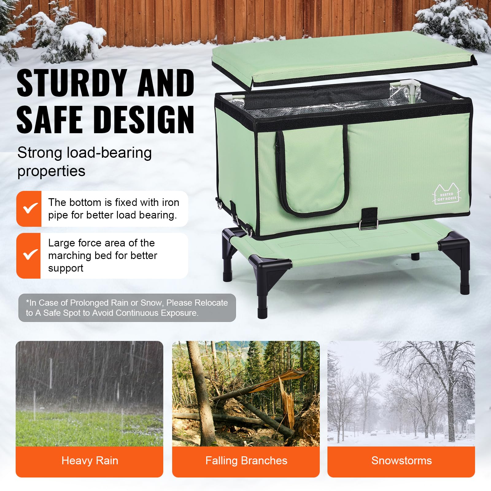 VEVOR Casa Elevada con Calefacción para Gatos 53 x 33 x 42 cm Refugio Plegable de Tela Oxford 900D para Gatos en Forma de Cubo con Temperatura Ajustable y Temporizador, Almohadilla Térmica, Verde (M)