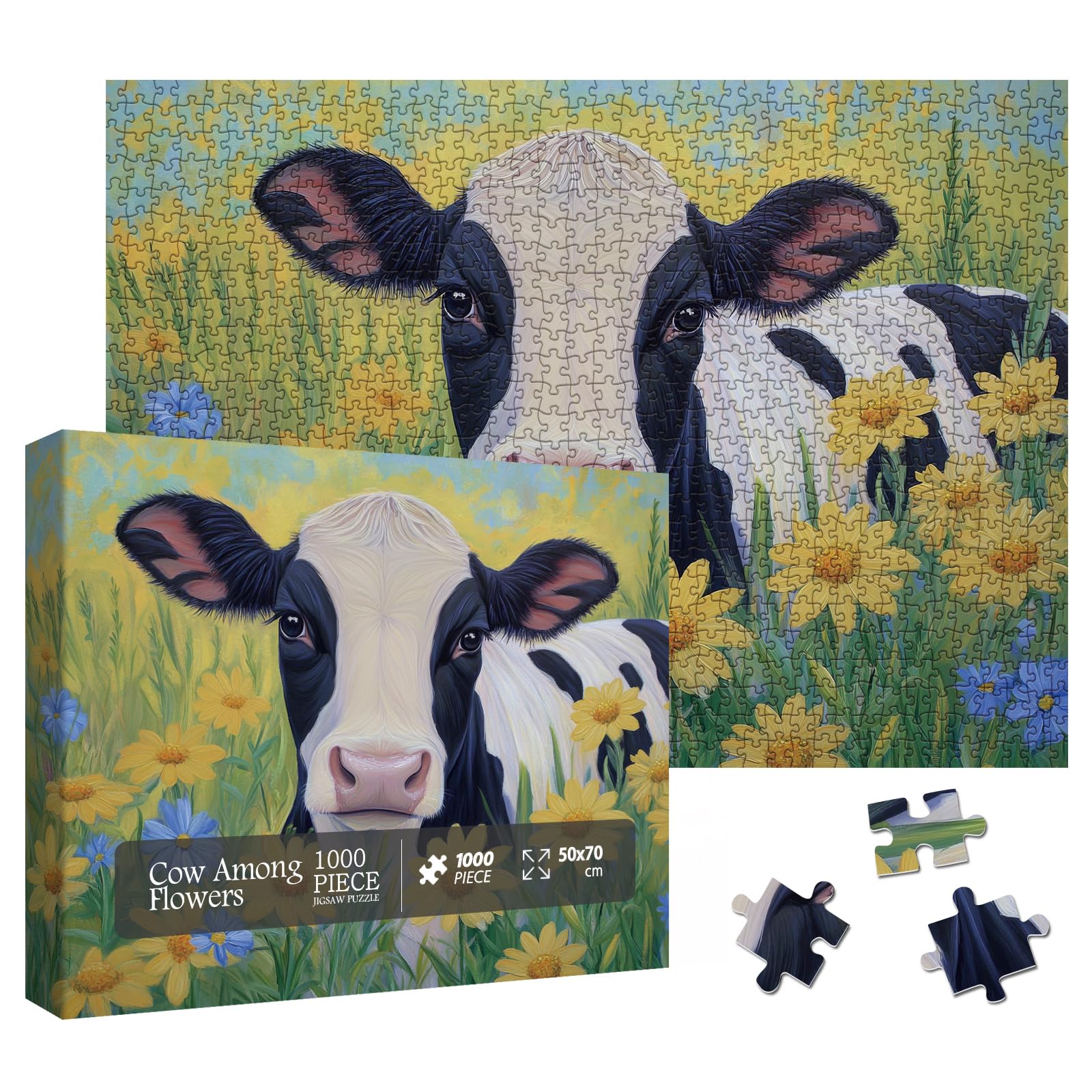 Sunflower Cow Painting Jigsaw Puzzle 1000 Piece for Adult, Animal Flower Plant Nature Jigsaw Puzzles, Funny Art Beautiful Landscape Puzzle