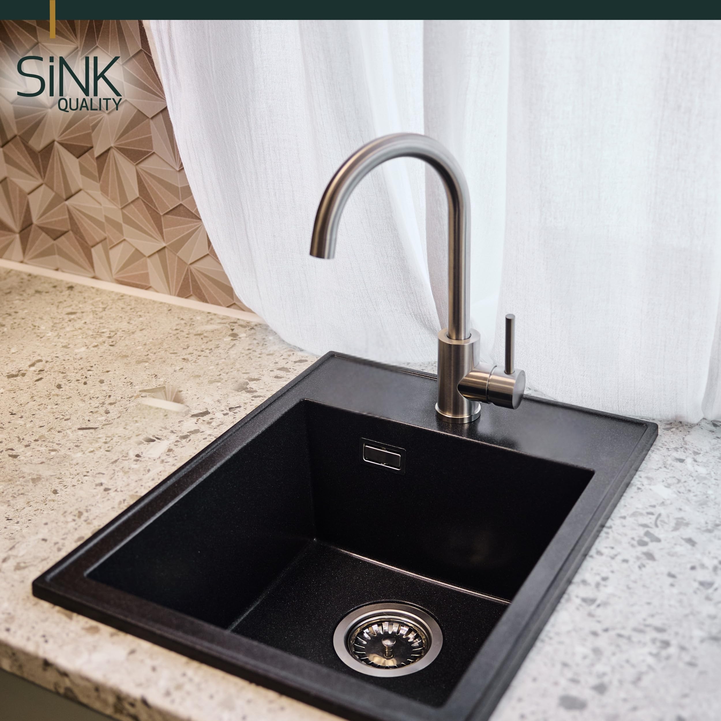 SINK QUALITY Zlewozmywak z granitu, czarny, nakrapiany, 40 x 50 cm, syfon i impregnacja, bez ociekacza, mały zlew kuchenny, do dolnych szafek od 40 cm szerokości