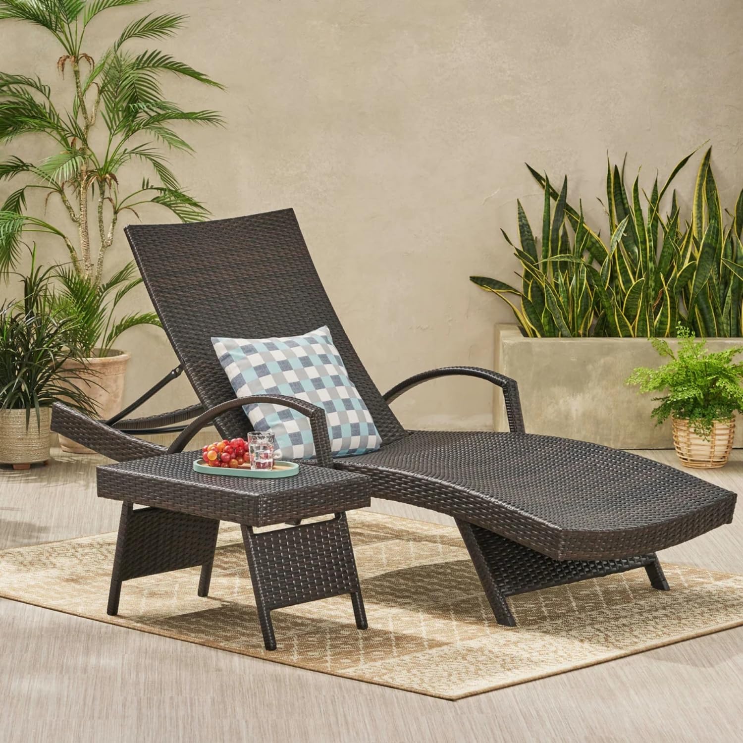 DEVOKO Outdoor Wicker Rattan Sunlounger Recliner with All Weather Furniture Side Table for Garden, Pool, Beach, Terrace, Balcony, Deck (Dark Brown)