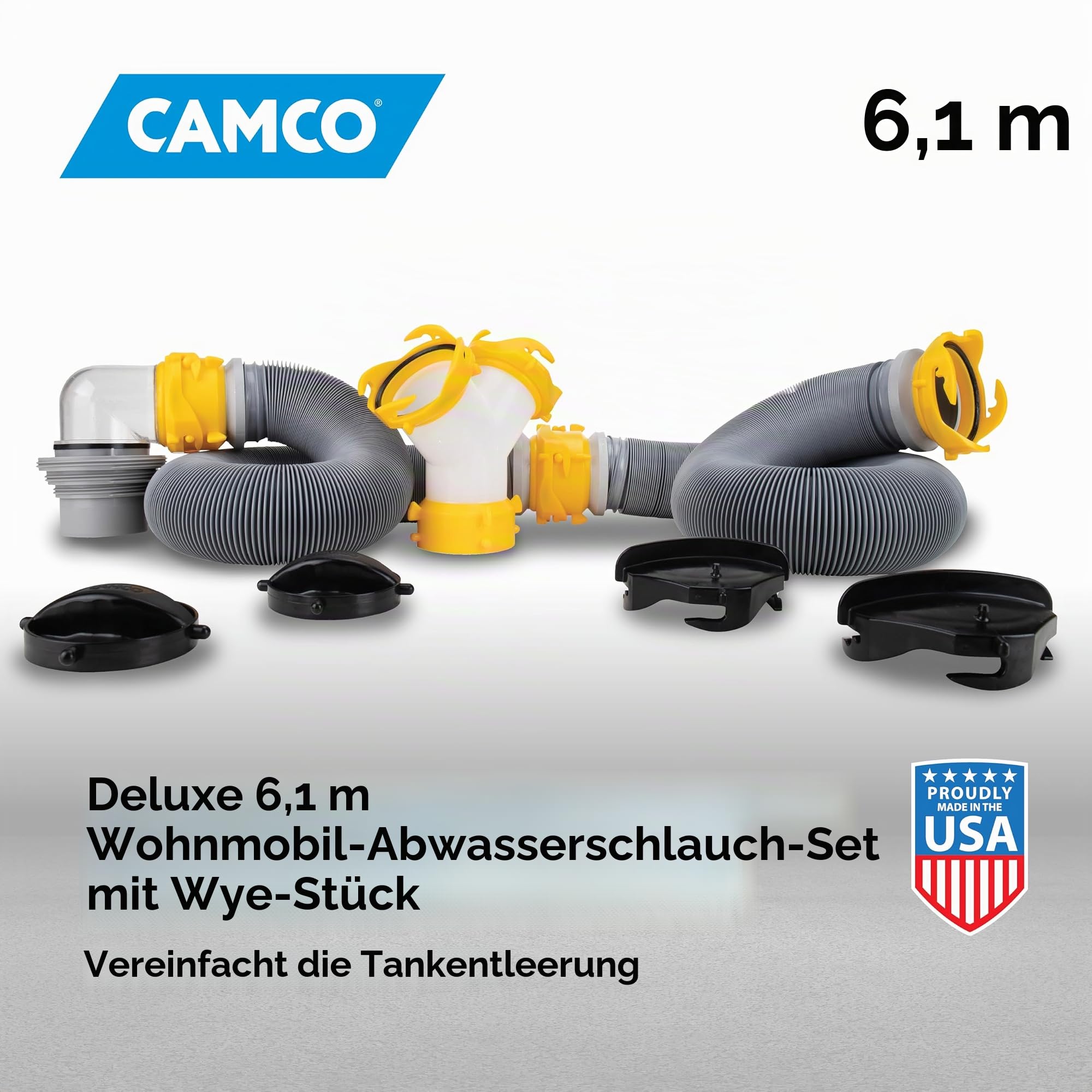 Camco Deluxe-Abwasserschlauch-Set, 6 m, inklusive 6-3 m langen Wohnmobil-Abwasserschläuchen, vormontierten 360-Grad-Dreharmaturen und Wye-Anschluss, gebrauchsfertiges Wohnmobil-Abwasser-Set, leicht