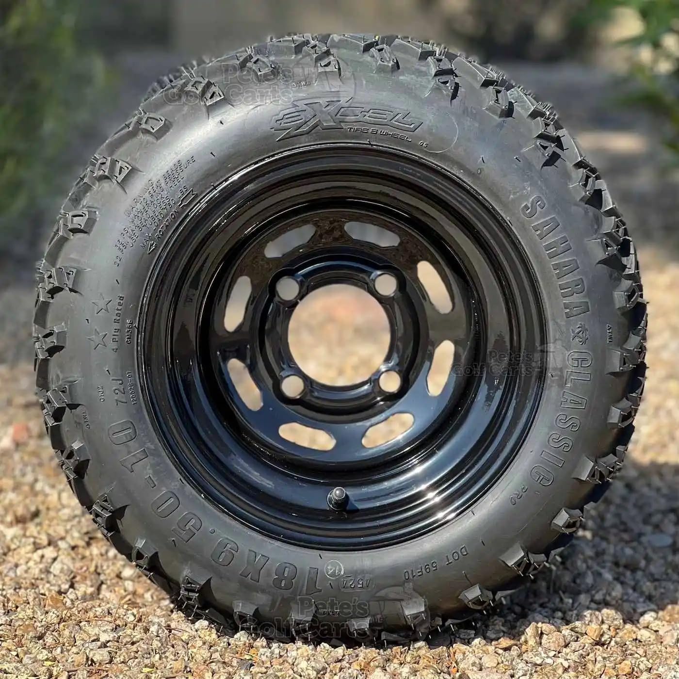 10″ Black Steel Golf Cart Wheels and 18x9.5-10 Excel Sahara Classic DOT All Terrain Tires (18″ tall - Fits All Carts!) (Pair of 4 Mounted Assemblies)