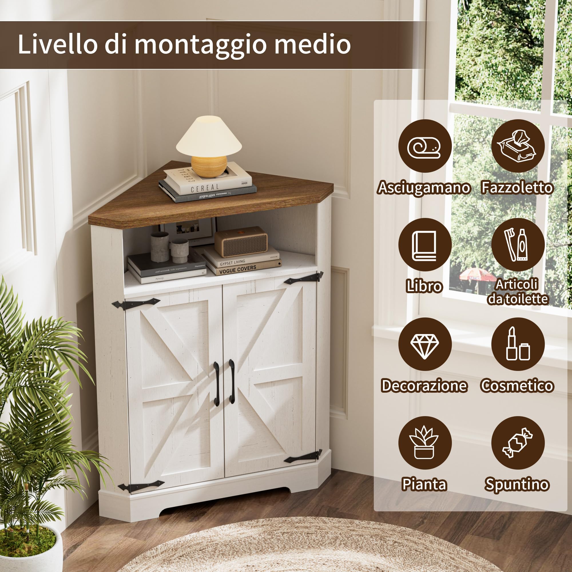 BonVache Mobile Angolare Bianco, con 5 Ripiani Regolabili