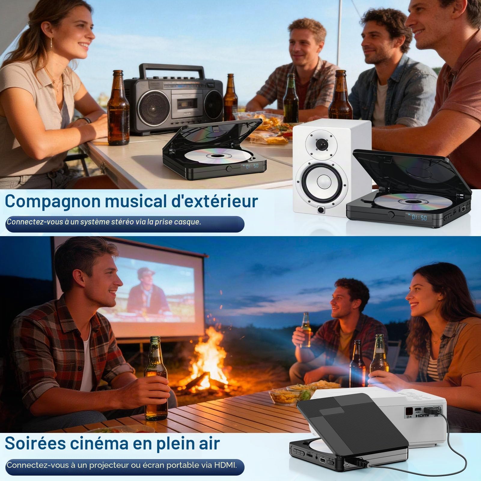 Mini Lecteur DVD avec télécommande – Lecteur CD DVD Compact HD 1080p pour Smart TV et projecteur, avec Sortie HDMI, Prise Casque, entrée USB 2.0, Prise en Charge PAL/NTSC