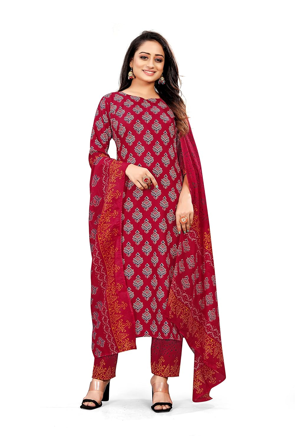 SANTOPERA DESIGNER Women’s Cotton Printed Straight Kurta with Pant and Dupatta Set