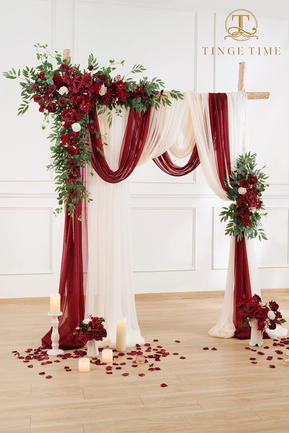 TINGE TIME Wedding Arch Flowers Kit - Deluxe 5pcs Artificial Floral Swag with 3 Sheer Drapes, Realistic Silk Flower Arrangements for Wedding Ceremony Arbor Backdrop Reception Party Home Decor