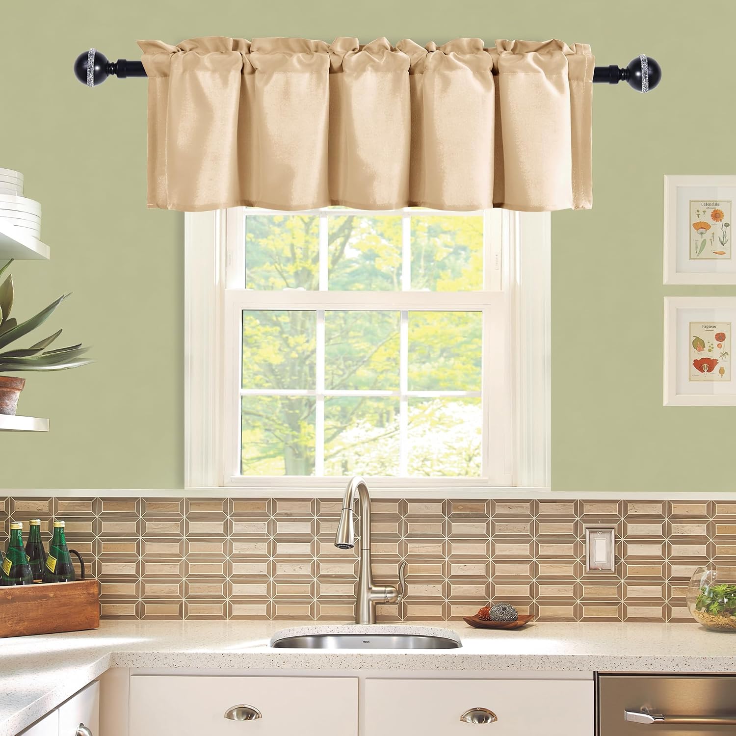 JIUZHEN Valance Curtains for Kitchen/Living Room/Basement/Bathroom Window, Thermal Insulated Short Rod Pocket Curtain Panels, Beige, 60 x 18 Inches, 1 Panel 60"W x 18"L (Pack of 1) Beige