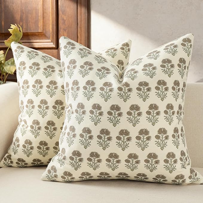 Farmhouse Floral Pillow Covers 18x18 Set of 2, Country Botanical Throw Pillow Cover for Sofa Couch Bed Living Room, Earthic Vintage Flower Cushion Covers Cottage Home Decor,Earth Meadow