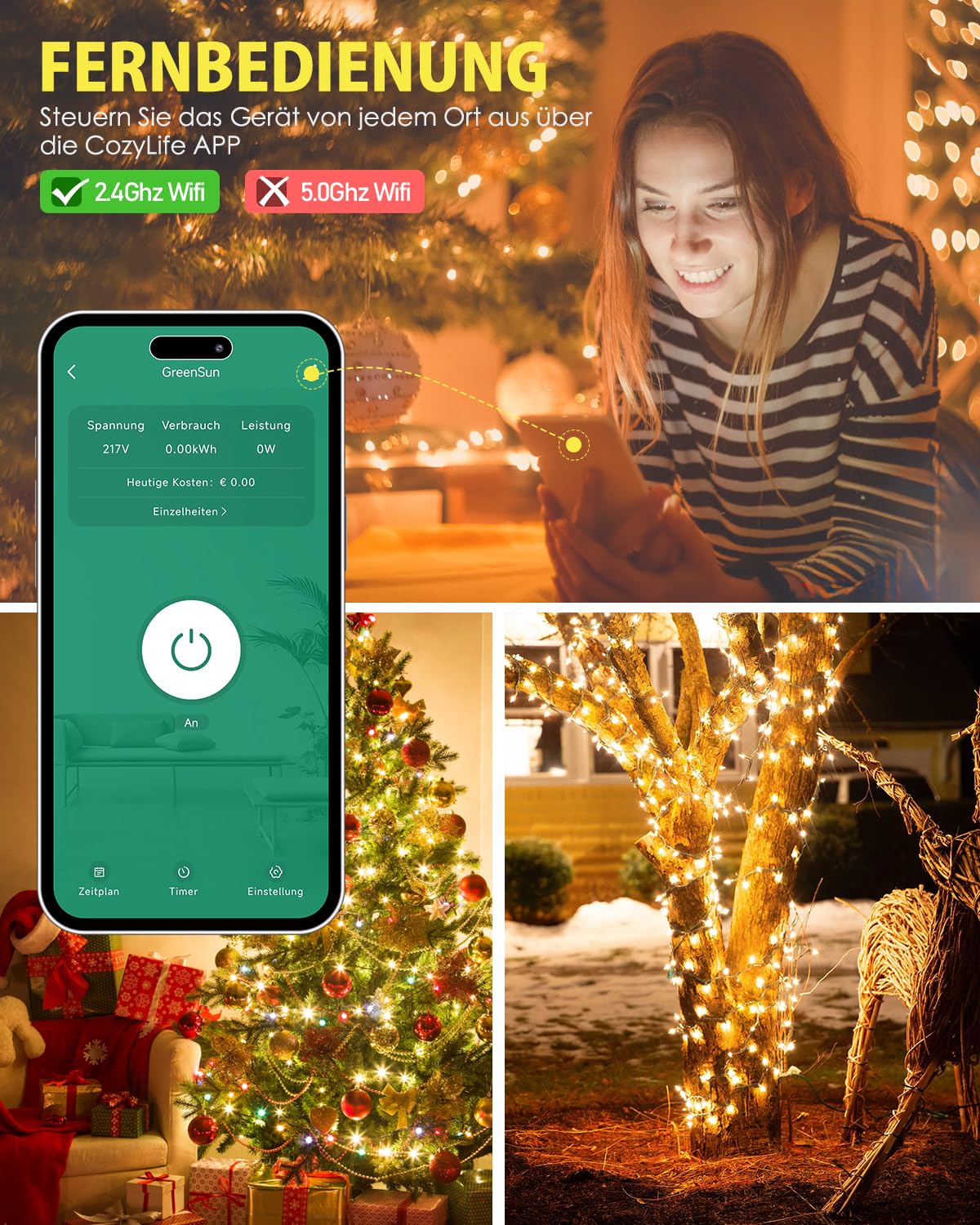 GreenSun Alexa Steckdose für den Außenbereich – WLAN-Steckdose CozyLife App, Messung des Verbrauchs, IP44, Gelb, 2,4 G