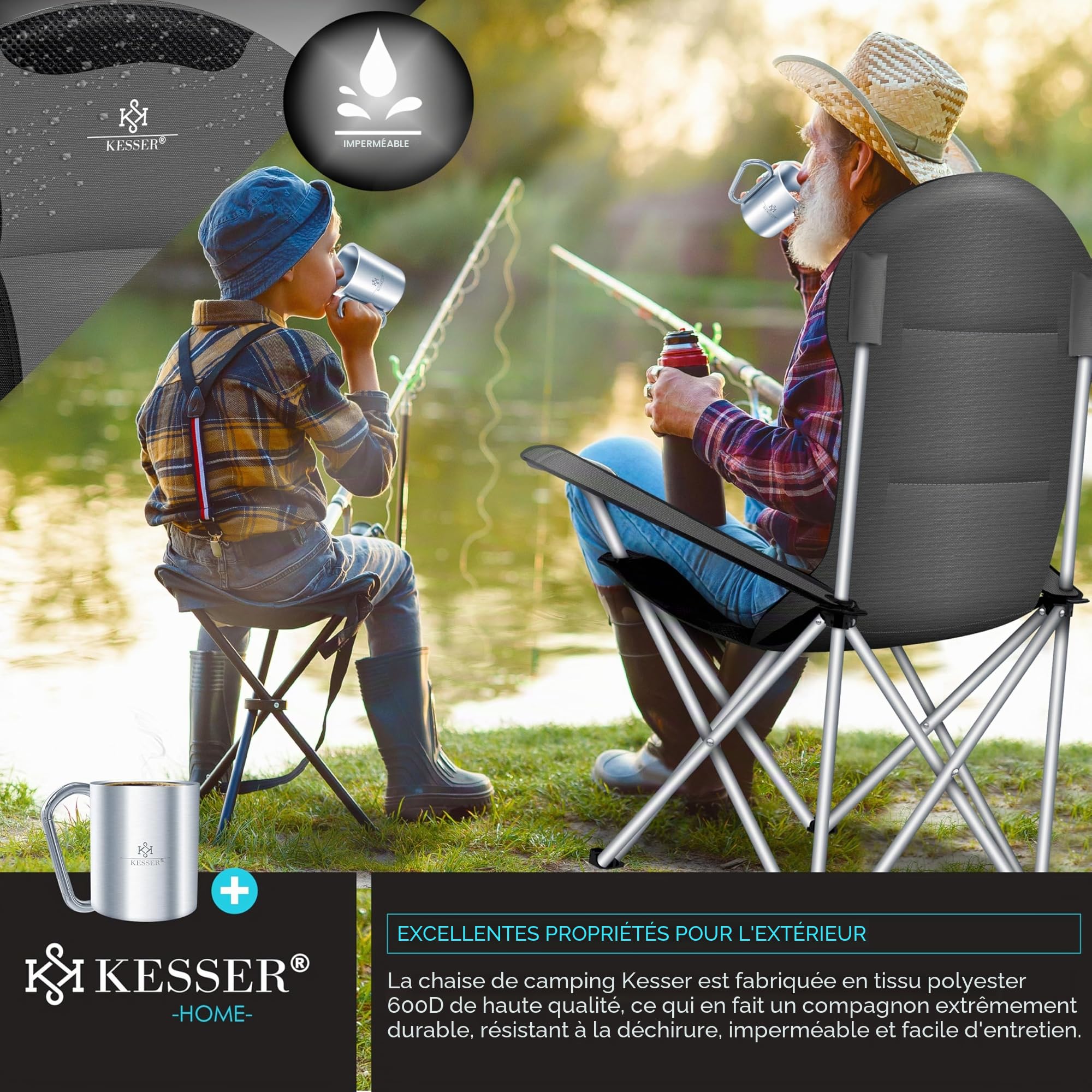 KESSER® Chaise de camping jusqu'à 150 kg, de pêche, pliable, rembourrée avec accoudoirs et dossier haut, lumière de camping et porte-gobelets + sac, pliable, anthracite/noir