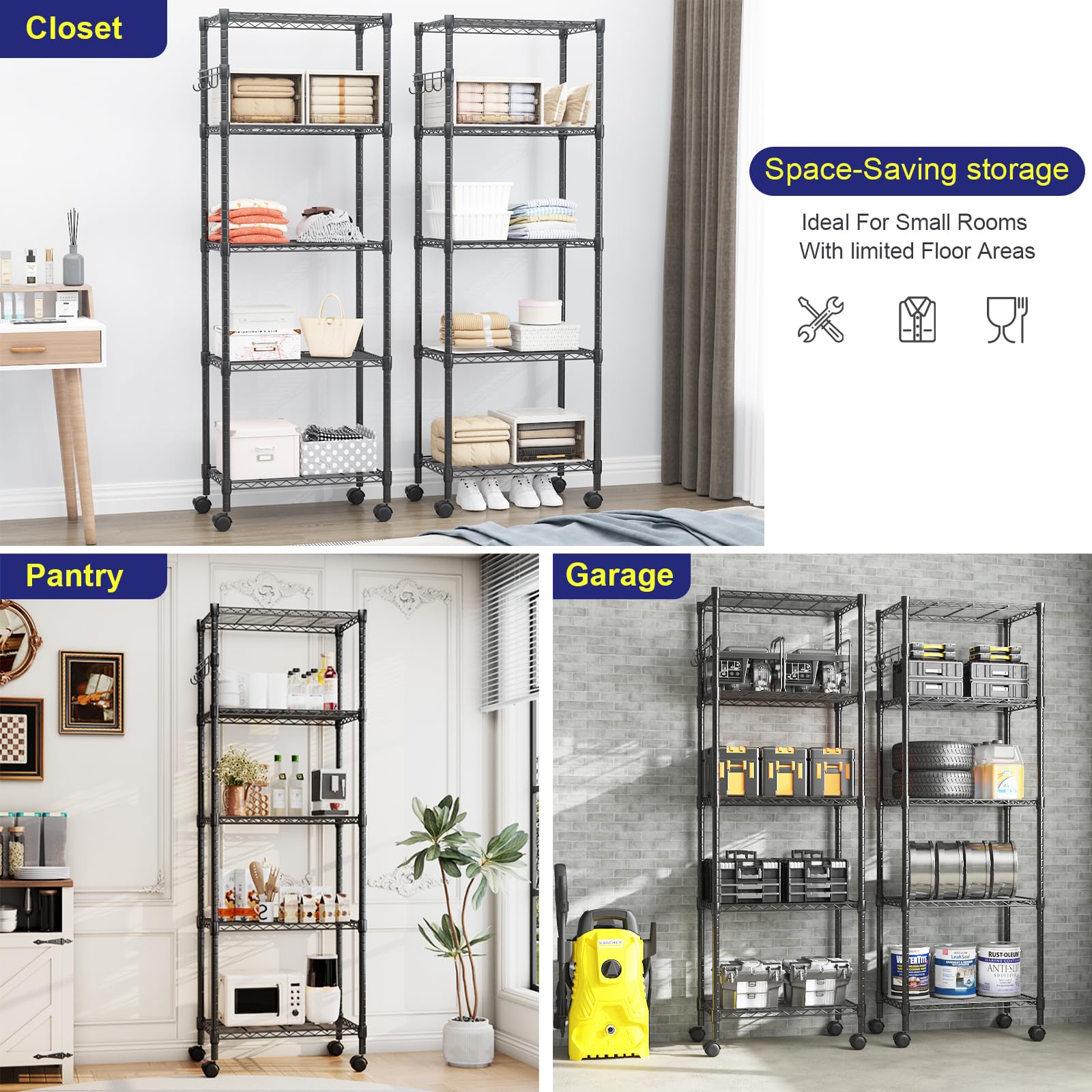 Himimi Scaffale con ruote, in metallo su ruote, regolabile in altezza, con 5 ripiani, per cucina, bagno, dispensa, 35 x 59 x 183 cm, colore nero