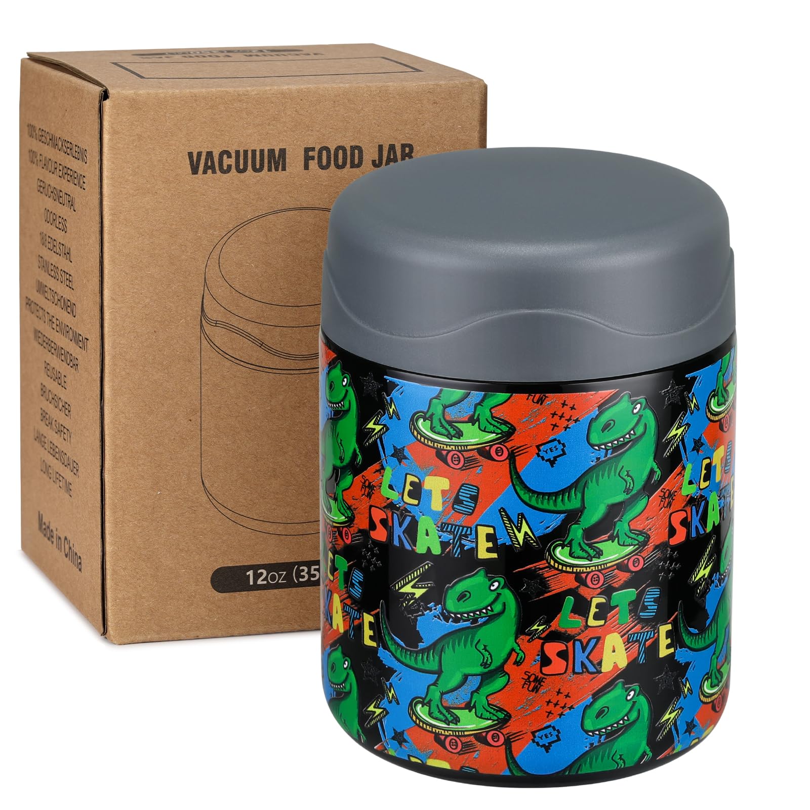 wiwens 12oz Soup Thermo for Hot Food Kids Insulated Food Jar Wide Mouth Lunch Container Leak Proof Stainless Steel Vacuum Bento Box for School Office Travel Outdoors Black-Dinosaur
