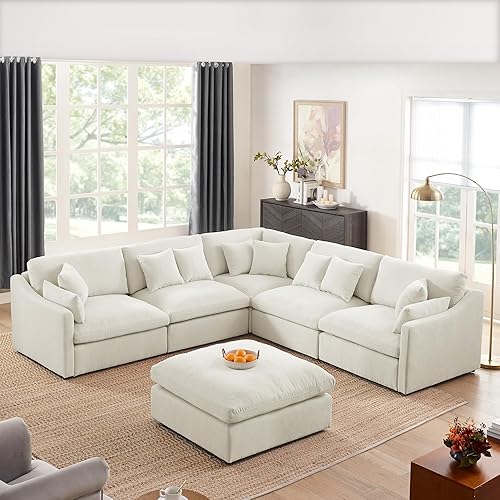 Yoglad Moderno juego de sofá modular de gran tamaño con plumas de plumón, sofá tapizado de felpilla en forma de L con otomana y 10 almohadas para