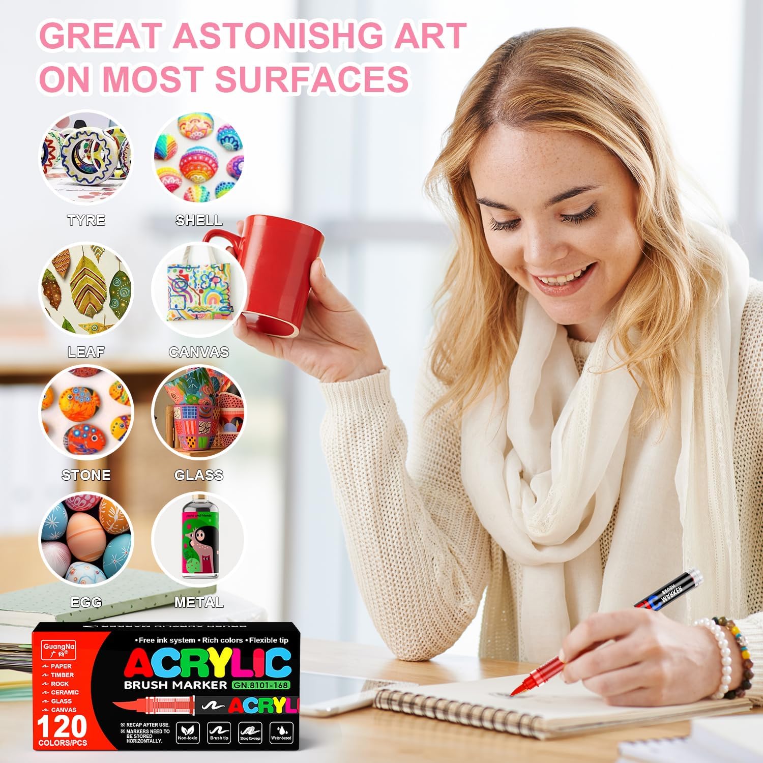 DICEKOO Acrylic Paint Markers 120 Colors, Brush Tip Markers No Bleed with Automatic Ink Control, 30% More Ink, Water-Based Coloring Markers for, Paper, Rocks, Wood, Canvas, Egg, DIY Crafts