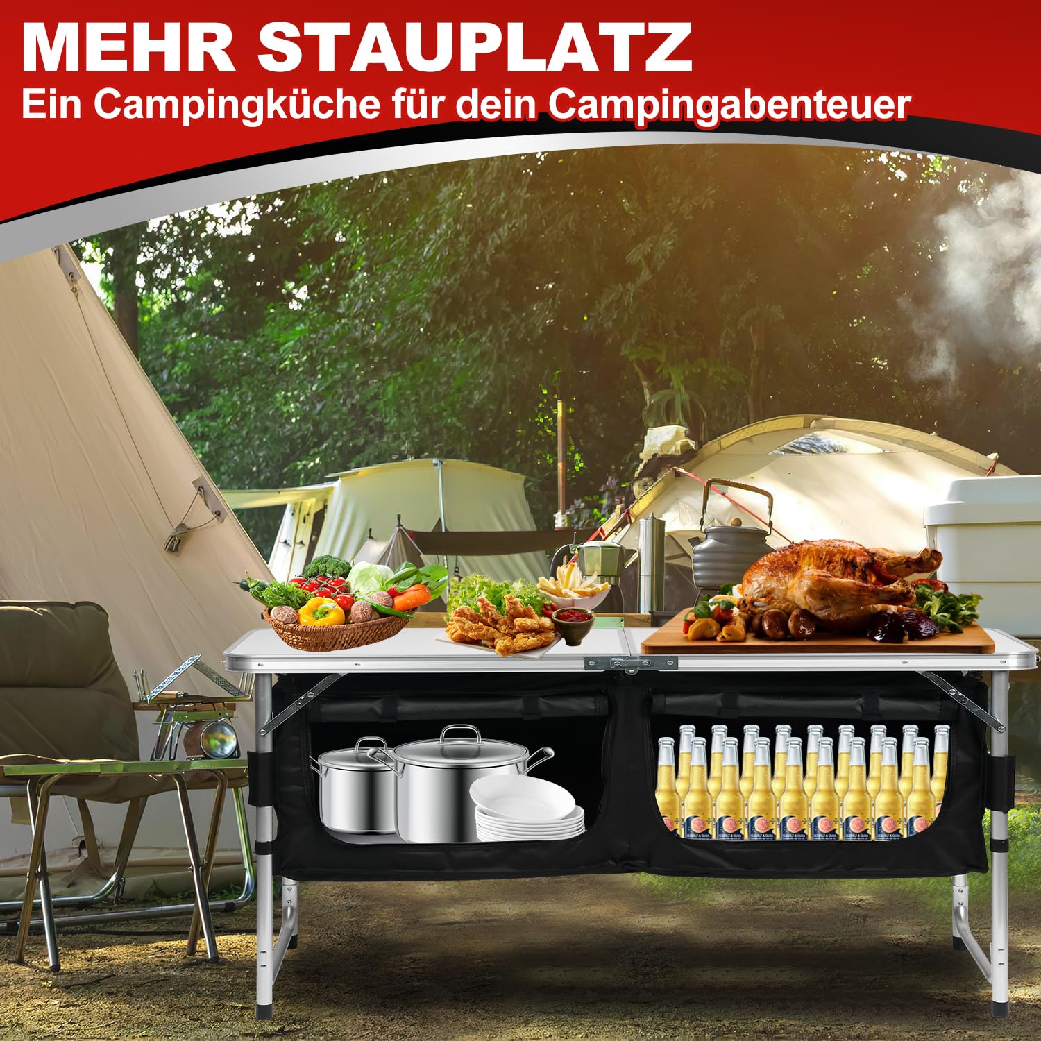 Cuisine de camping - Armoire de camping avec structure en aluminium - Pliable - Avec plan de travail résistant à la chaleur - Hauteur réglable - Pour le camping et l'extérieur - Sac de