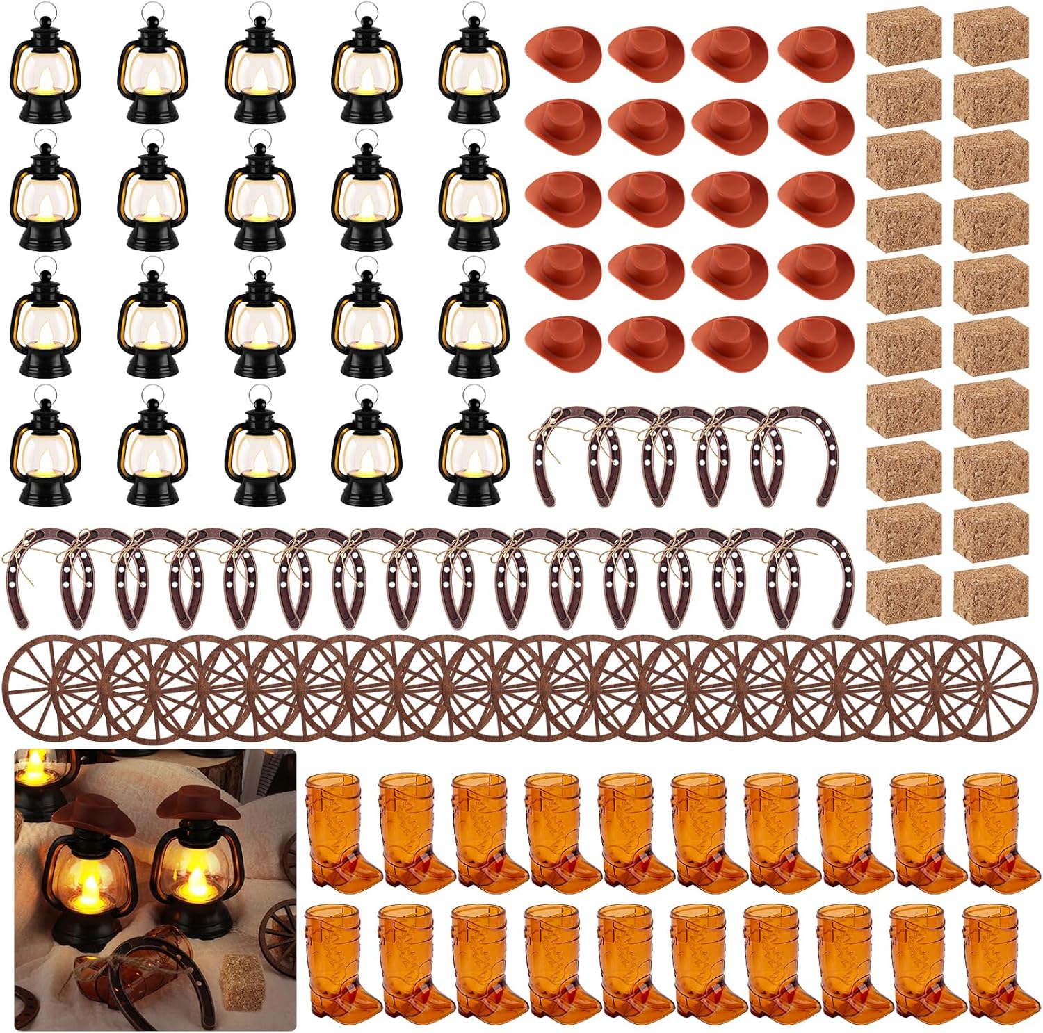 60 Pieces Western Theme Party Centerpiece Cowboy Party Decor with Mini Lantern Cowboy Hat Boot Shot Hay Bales Horseshoe Wagon Wheel for Western Birthday Wedding Rustic Country Decor (60 PCS)