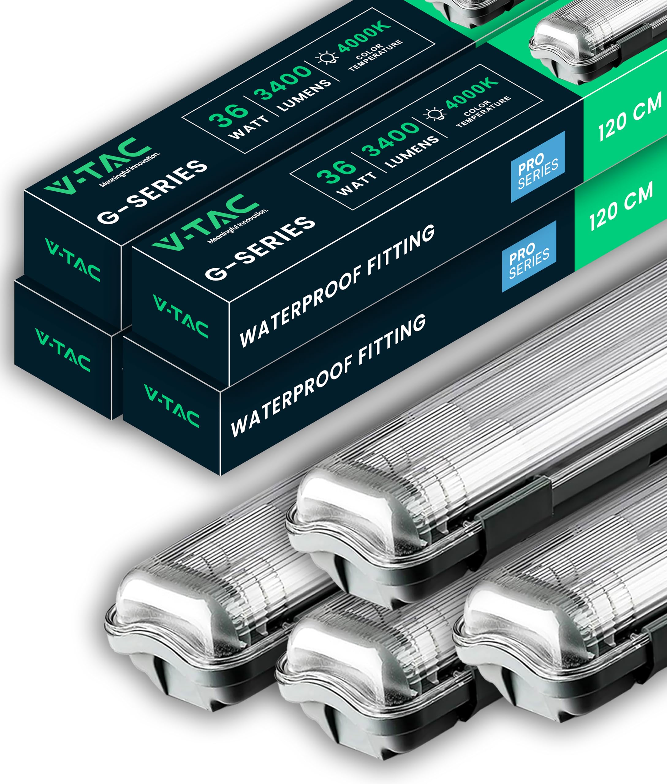 V-TAC 4x Plafoniera LED Impermeabile Doppia 120 CM - 36W - [ Chip Samsung ] - 4 PEZZI - Lampada 3400 Lumen IP65 per Soffitto, Parete, Garage, Magazzino - Doppio Tubo - Luce 4000K Naturale