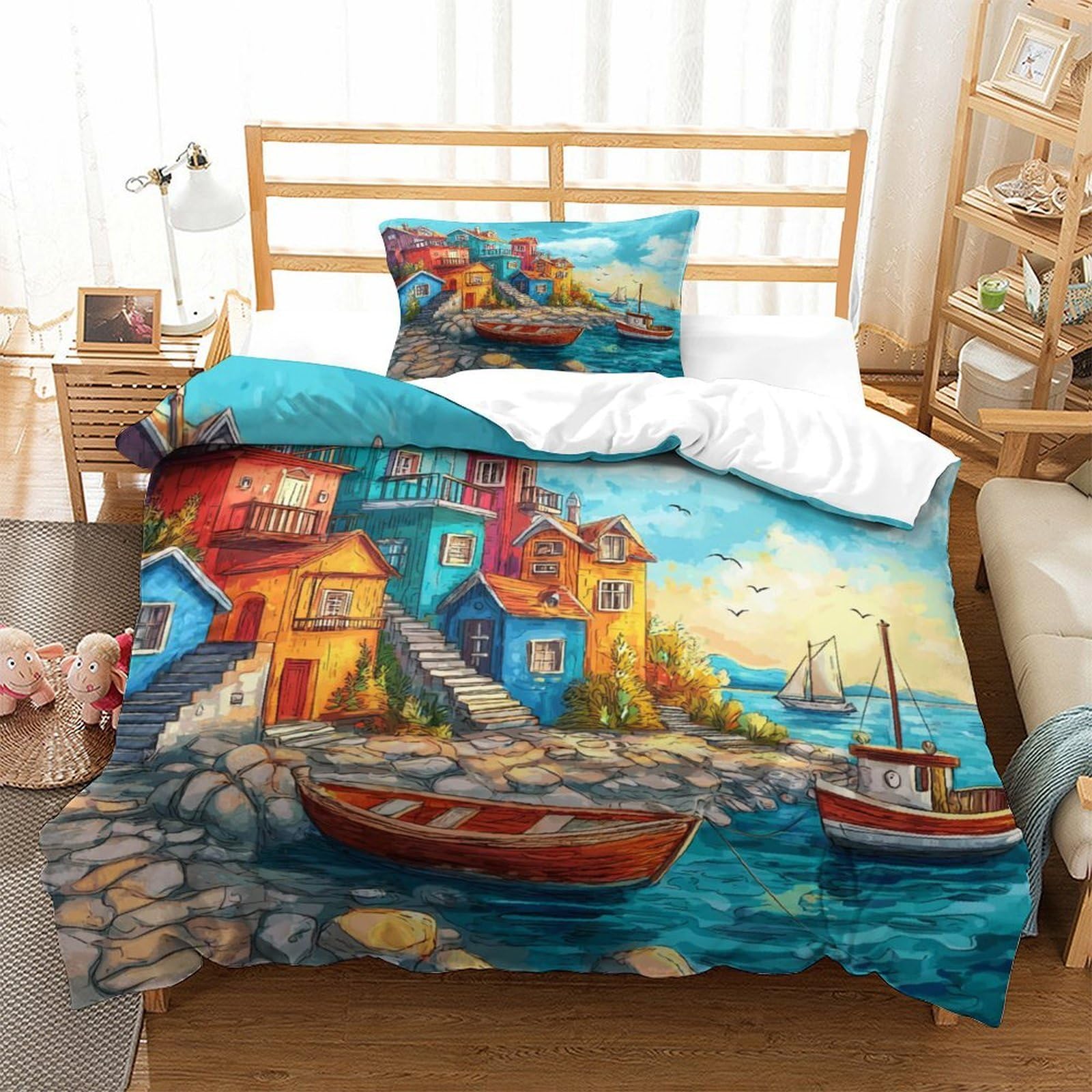 Housse de couette 135x200 ville côtière 3D en microfibre avec 2 taies