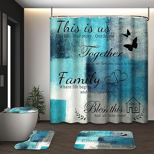 Miniatura 10 de Juego de cortina de ducha abstracta turquesa con tapa de inodoro y alfombras antideslizantes para baño, arte de pintura moderna, cortina de ducha de