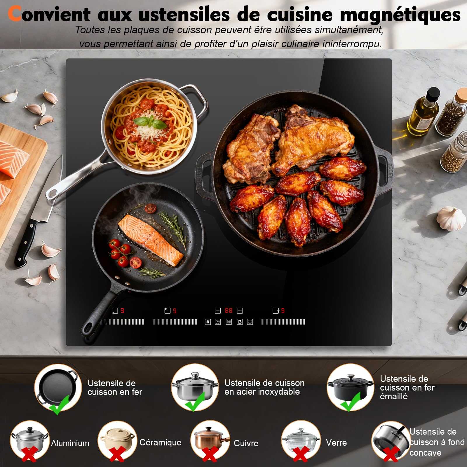 Plaque à Induction 3 Feux, Table de Cuisson Induction Encastrable 60CM, Fonction Boost, Minuterie, Fonction Pause, Verrouillage de Sécurité, Commande Slider Touch, 6500W, 220V - 3
