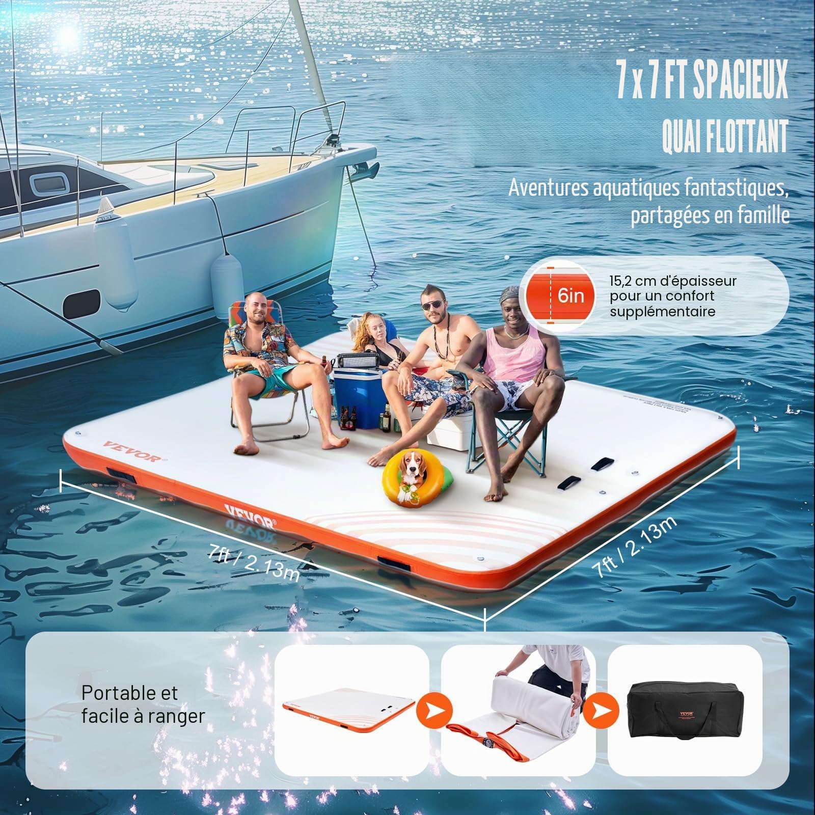VEVOR Quai flottant gonflable 2,13 x 2,13 m plate-forme antidérapant avec sac de transport échelle amovible pour piscine plage océan