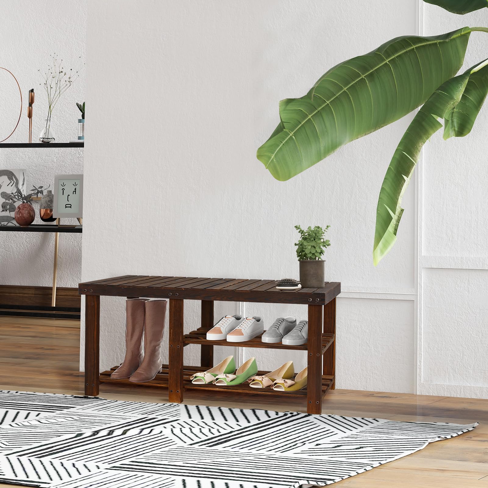 ECOMEX Shoe Rack Bench for Entryway, 3-Tier Wooden Shoe Shelf Shoe Organizer Bench Shoe Organizer Entryway Bench for Bedroom Balcony Entryway Entrance, Brown(33.5''L)