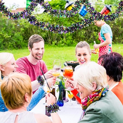 Miniatura 6 de BBTO 6 guirnaldas de oropel de Mardi Gras de 39.4 pies, decoración metálica, guirnalda de festón púrpura, dorado, verde, serpentinas colgantes con