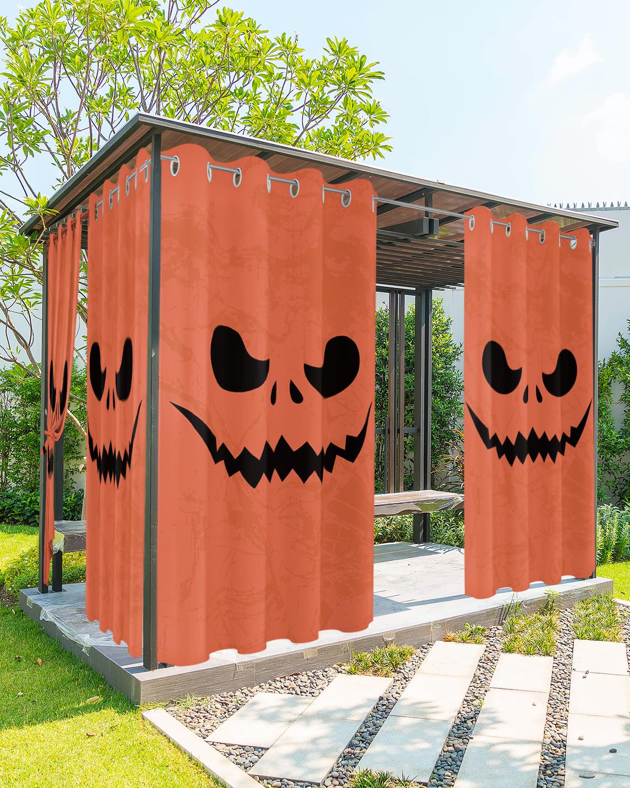 HERBED Outdoor Curtains for Patio 1 Panel Halloween Evil Grimace Orange Background Waterproof Privacy Outside Curtain Sun Blocking Grommet Blackout Drapes for Porch Gazebo Pergolas Balcony 52x84 Inch
