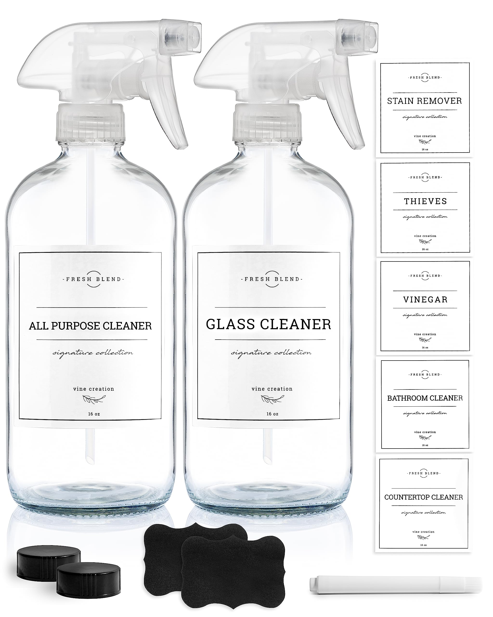Vine Creations Glass Spray Bottles, 2 Pack Refillable Spray Bottles for Cleaning Solutions, Clear Spray Bottle for plants, Water Spray Bottle Sprayer, Glass Spray bottles 16 oz with Waterproof Labels