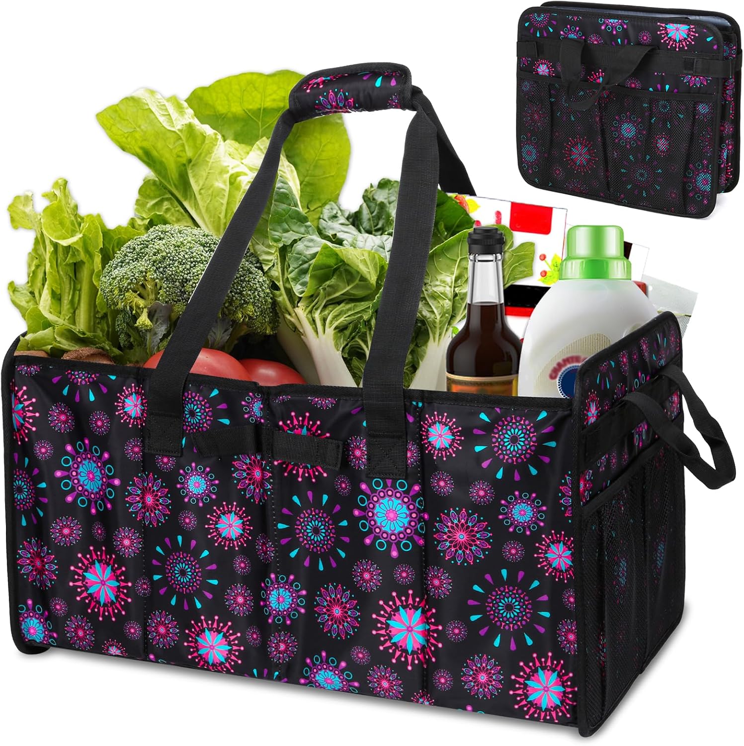 Muzale Extra Large Utility Tote Bag with Wire Frame Collapsible Reusable Grocery Bags Heavy Duty Shopping Bags for Groceries with Handles Trunk Organizer for Beach Car Picnics Camping Laundry